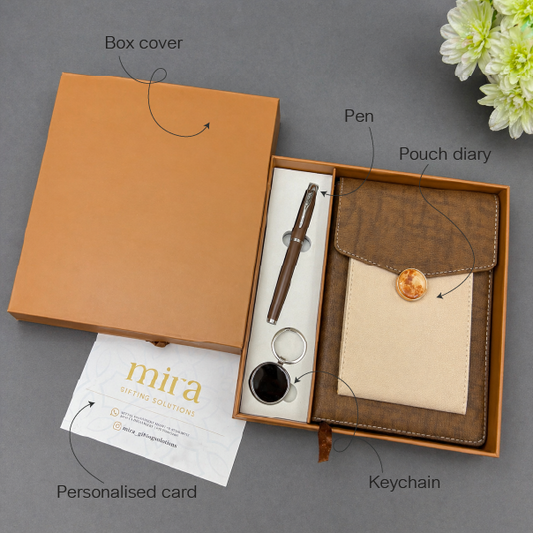 Gift set with pen, pouch diary, keychain, and personalized card in an open box on a gray background.