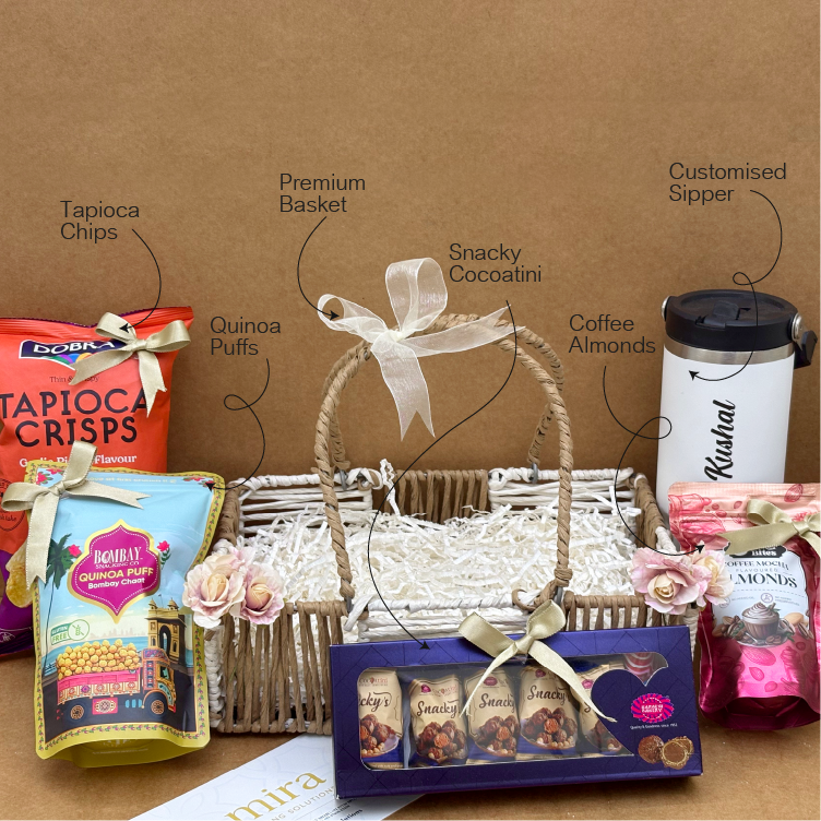 Gift basket with various items including snacks and a coffee cup on a brown background