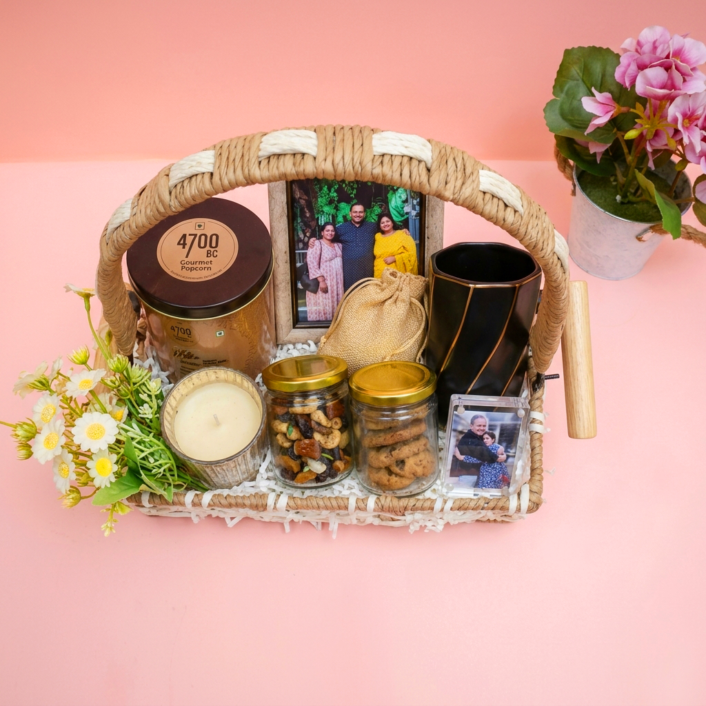 Gift basket with candles, snacks, and a photo frame on a pink background