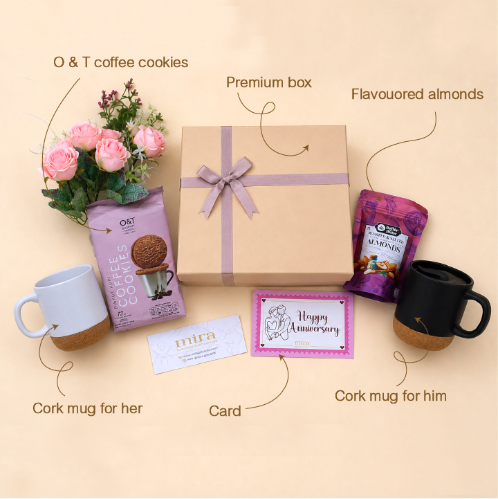 Gift set with coffee cookies, almonds, mugs, and a card on a beige background