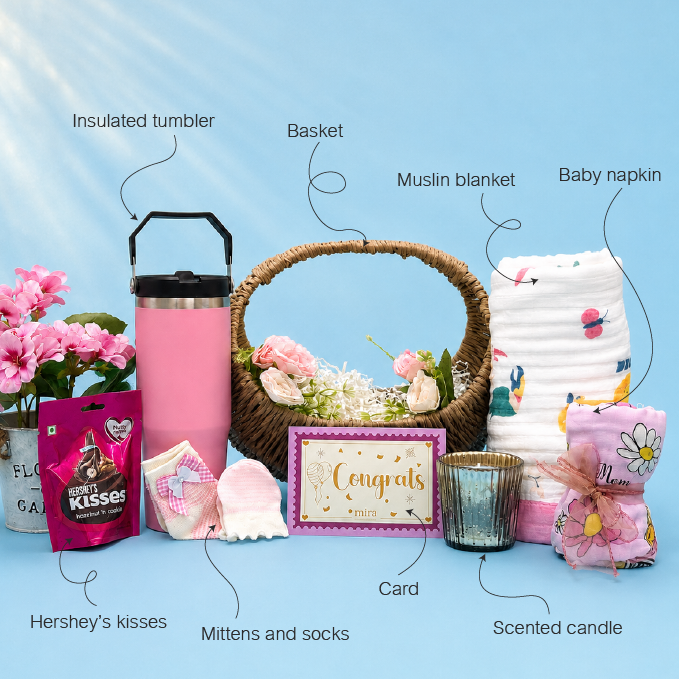 Baby shower gift basket set arranged on a light blue background with labeled callouts pointing to each item: insulated tumbler, basket, muslin blanket, baby napkin, flower pot with pink flowers, Hershey's kisses bag, mittens and socks, card, candle, and a pink packaged gift. No person, animal, or real environment is present, so this is Product/Packaging rather than Lifestyle.