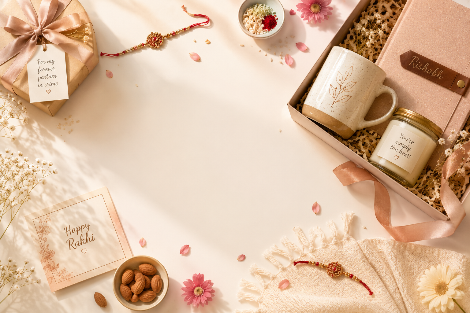 A styled flat-lay of a Happy Rakhi theme gift set on a warm cream background. The set includes a cream ceramic mug with a leaf design, a 'Rakhi with love' candle, a pink gift box with a 'Rakhi' tag, a pink flower pot, a card reading 'Happy Rakhi', and two red and gold Rakhi threads, arranged with decorative elements like almonds, dried flowers, and petals.