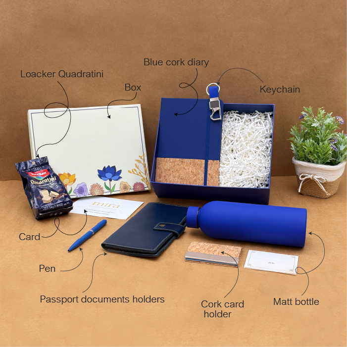 Collection of stationery items including a blue cork diary, keychain, pen, and other accessories on a brown background.