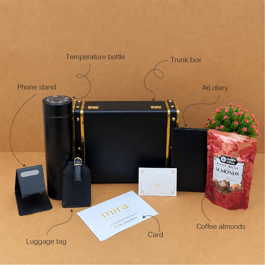 Collection of travel accessories including a temperature bottle, trunk box, phone stand, luggage tag, card, and a bag of coffee almonds on a brown background.