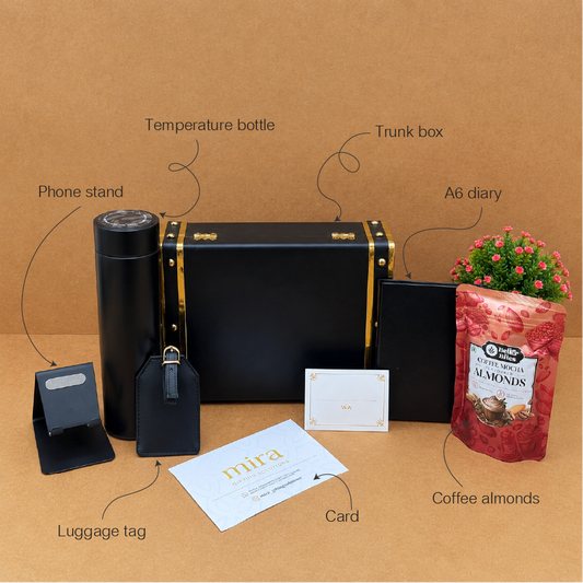 Collection of travel accessories including a temperature bottle, trunk box, phone stand, luggage tag, card, and a bag of coffee almonds on a brown background.