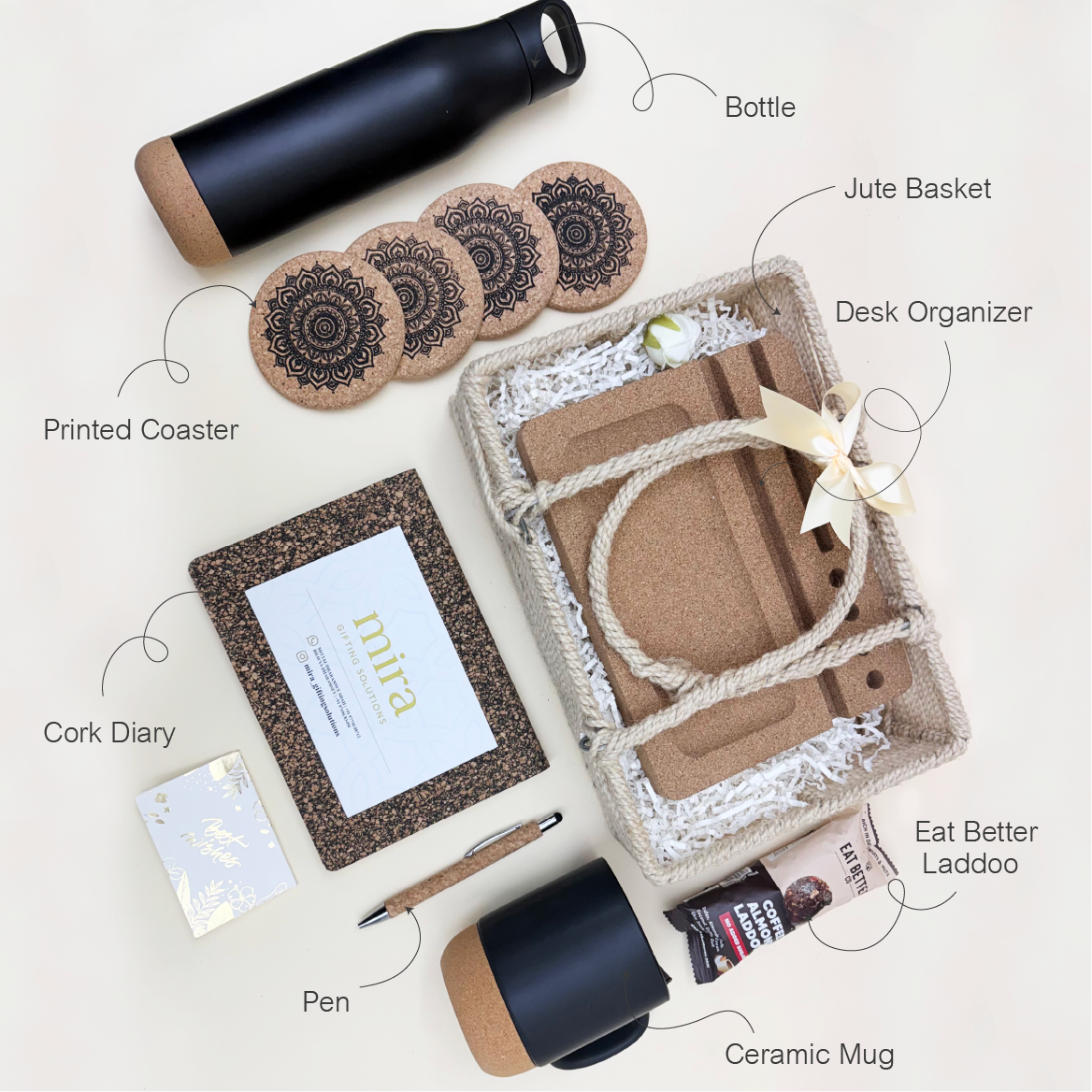 Collection of eco-friendly products including a bottle, jute basket, cork diary, printed coasters, ceramic mug, pen, and laddoo on a light background.