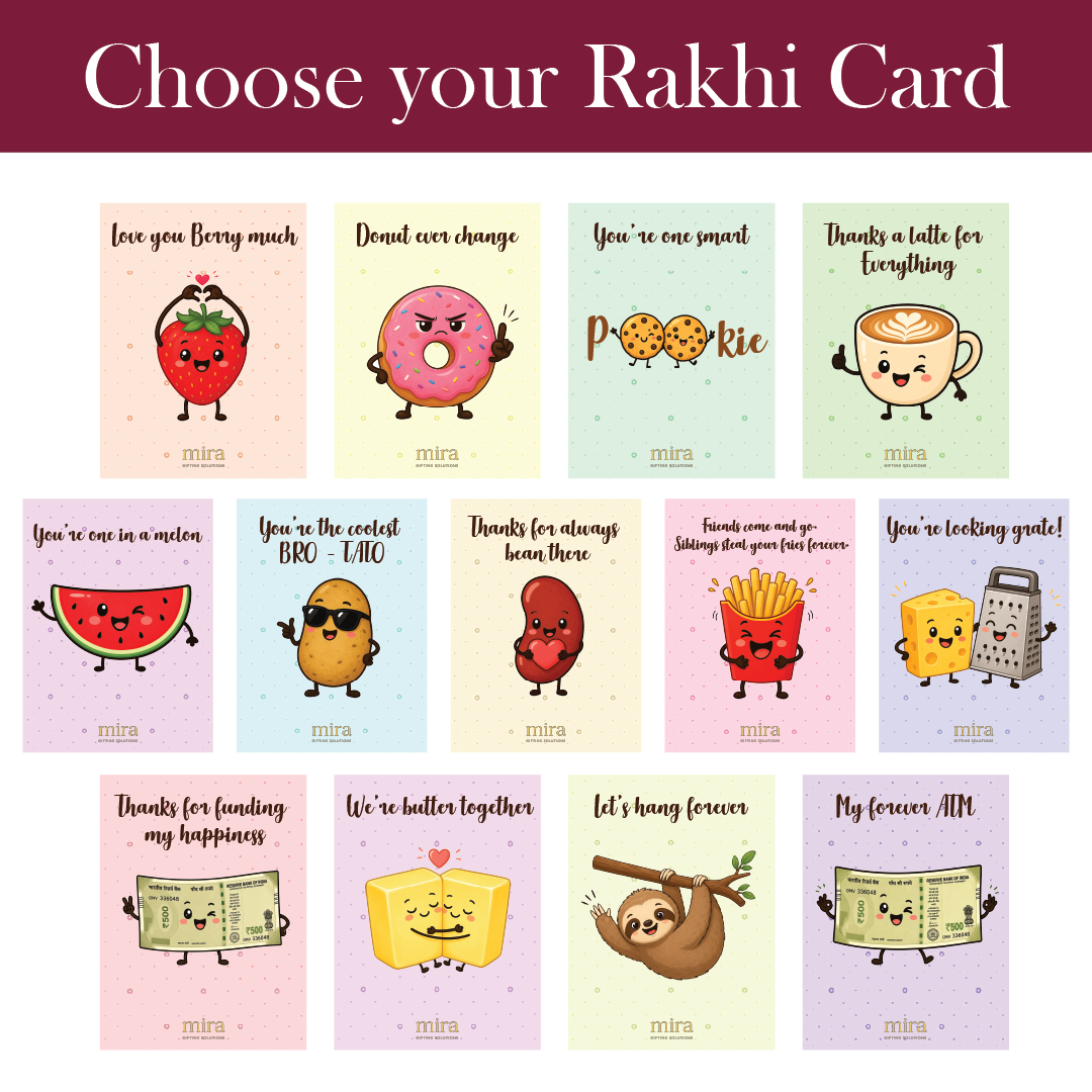 A card selection graphic with the heading 'Choose your Rakhi Card' above a grid of 15 colorful cartoon Rakhi card designs. The cards feature playful illustrated foods and objects such as a strawberry, donut, coffee cup, watermelon, potato, kidney bean, french fries, cheese, and a sloth, each with humorous text.