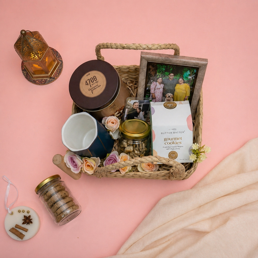 Gift basket with various items including a mug, cookies, and a candle on a pink background