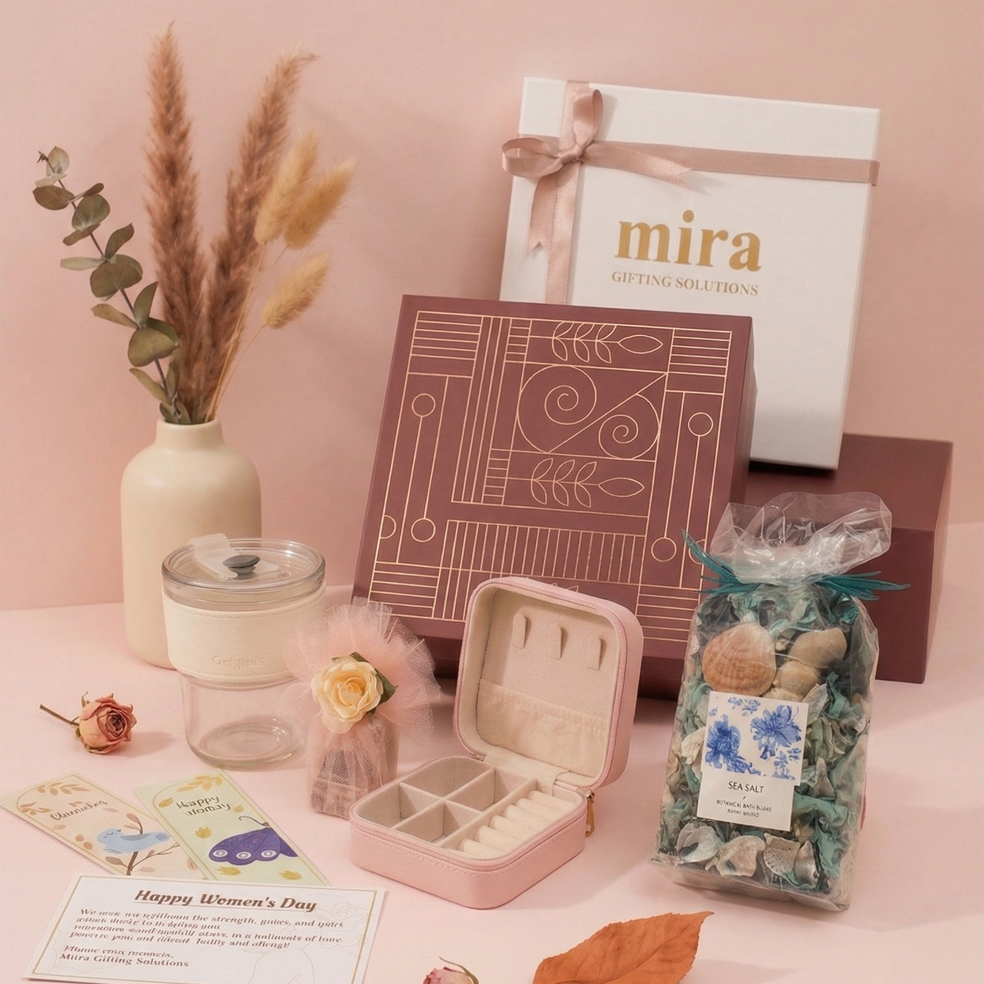 Gifting set with 'mira' products on a pink background