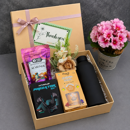 Gift box with snacks, a water bottle, and a plant on a gray surface