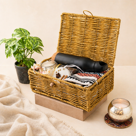 Wicker picnic basket with items on a blanket, including a black water bottle, candles, and a plant.