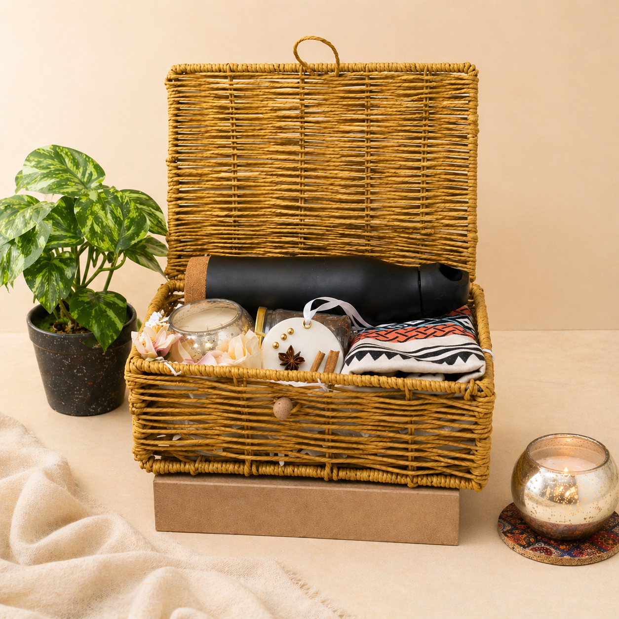 Wicker picnic basket with items on a beige surface with a plant and candle in the background