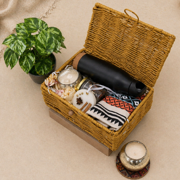 Wicker picnic basket with items including a plant, candles, and a thermos on a beige surface.